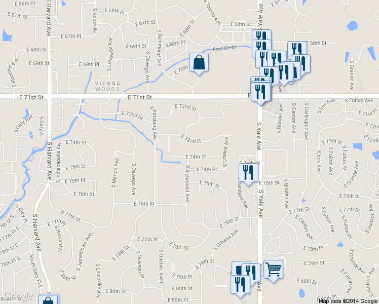 map of restaurants, bars, coffee shops, grocery stores, and more near 4301 East 74th Street in Tulsa