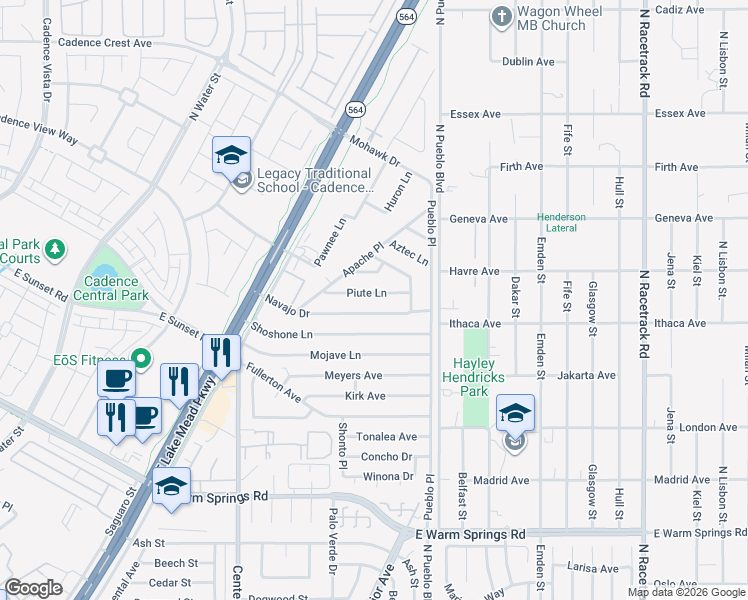 map of restaurants, bars, coffee shops, grocery stores, and more near 232 Piute Lane in Henderson