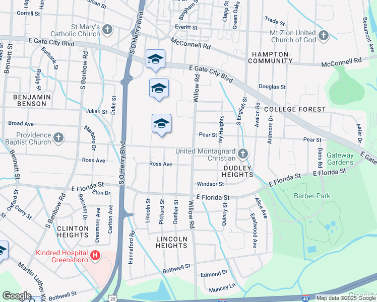 map of restaurants, bars, coffee shops, grocery stores, and more near 1400 Willow Road in Greensboro