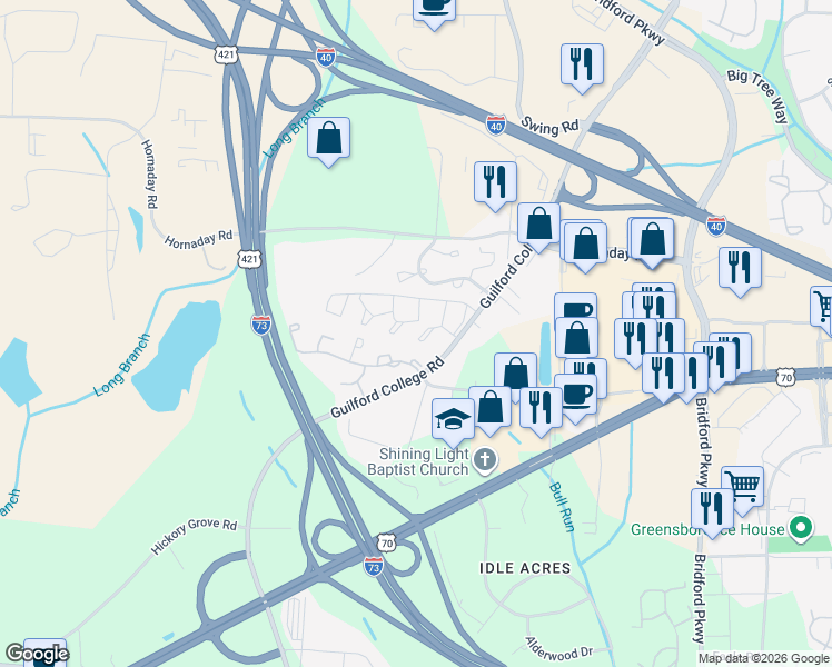 map of restaurants, bars, coffee shops, grocery stores, and more near 5725 Bramblegate Road in Greensboro