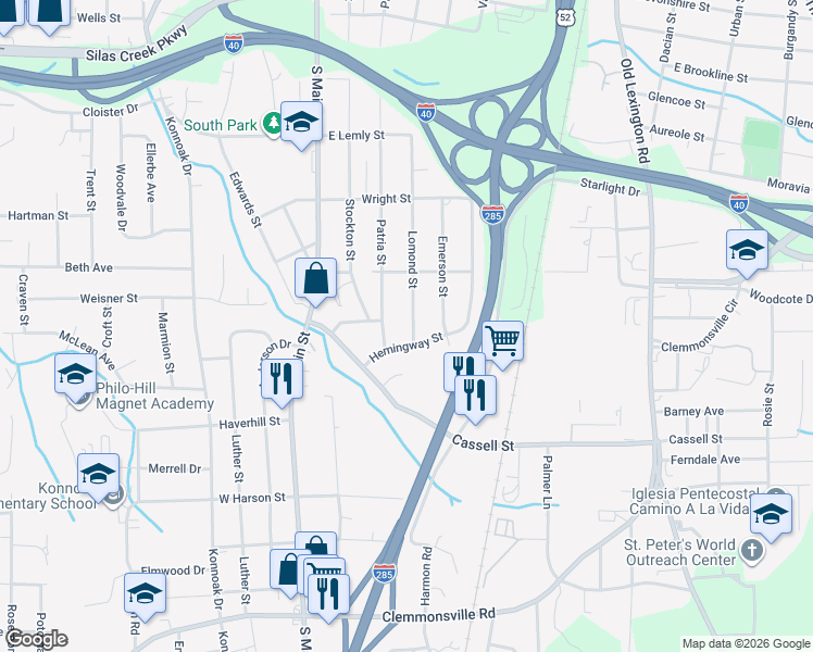 map of restaurants, bars, coffee shops, grocery stores, and more near 3000 Lomond Street in Winston-Salem