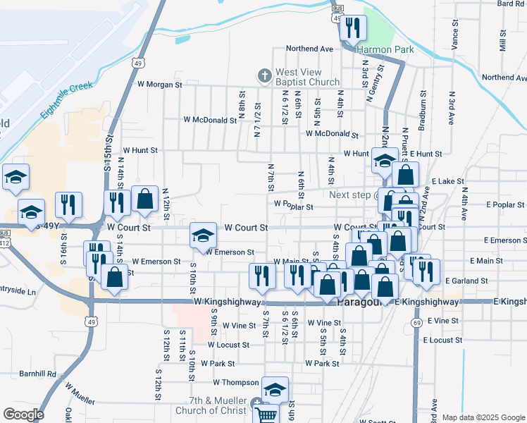 map of restaurants, bars, coffee shops, grocery stores, and more near 120 North 7th Street in Paragould