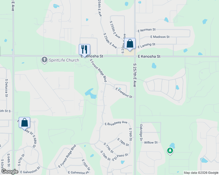 map of restaurants, bars, coffee shops, grocery stores, and more near 421 South Forest Ridge Boulevard in Broken Arrow