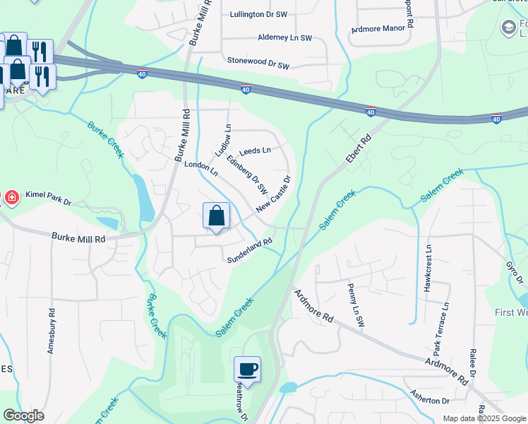 map of restaurants, bars, coffee shops, grocery stores, and more near 2179 New Castle Drive in Winston-Salem