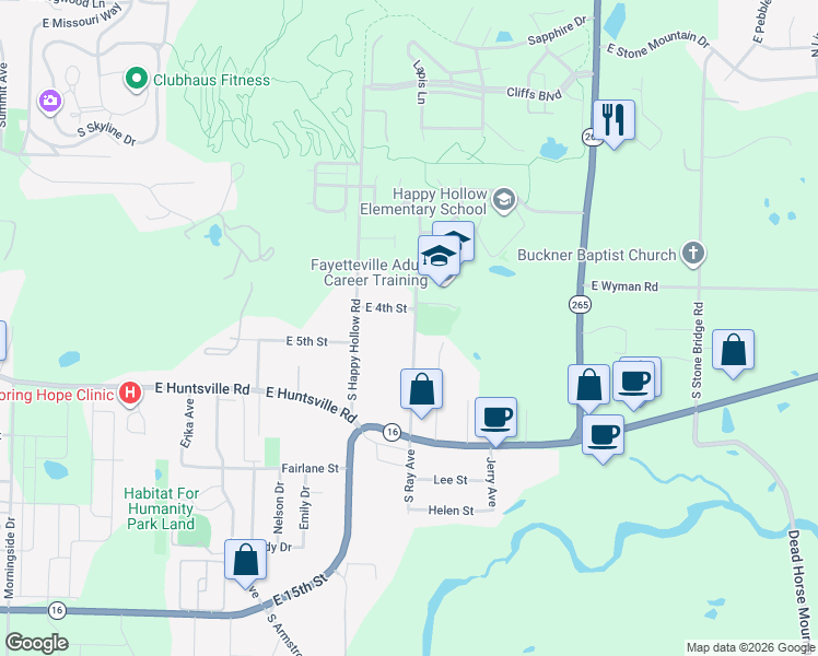 map of restaurants, bars, coffee shops, grocery stores, and more near 467 South Ray Avenue in Fayetteville