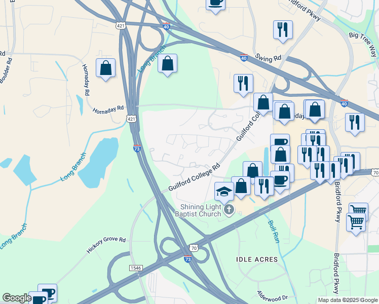 map of restaurants, bars, coffee shops, grocery stores, and more near 5729 Bramblegate Road in Greensboro