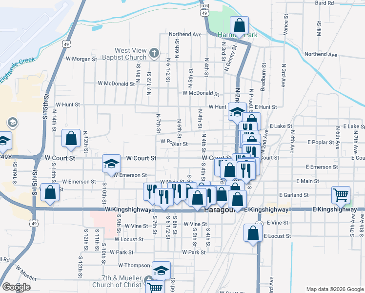 map of restaurants, bars, coffee shops, grocery stores, and more near 506 West Poplar Street in Paragould