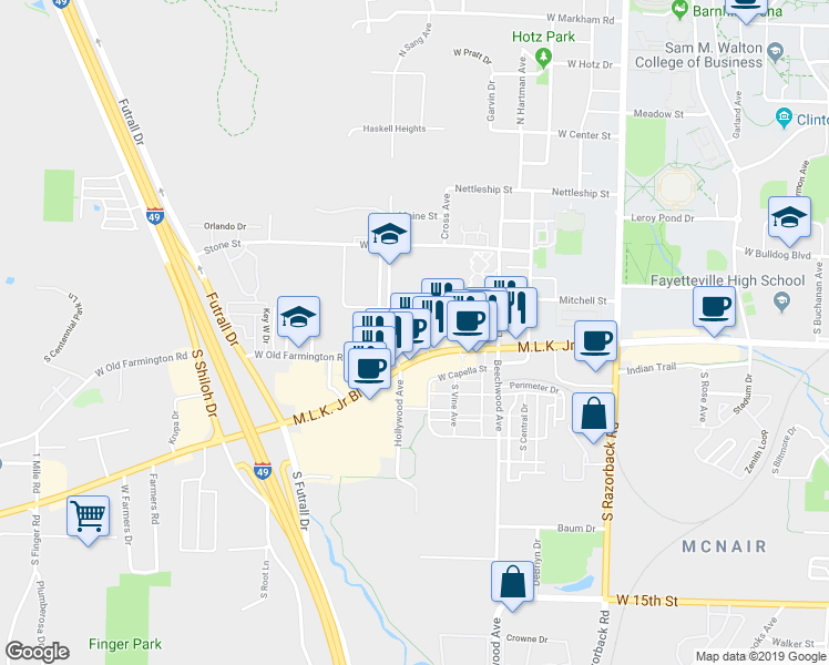 map of restaurants, bars, coffee shops, grocery stores, and more near 598 South Phillip Drive in Fayetteville
