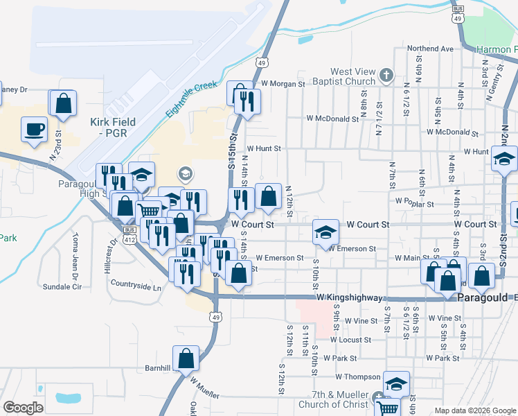 map of restaurants, bars, coffee shops, grocery stores, and more near 110 Yates Street in Paragould