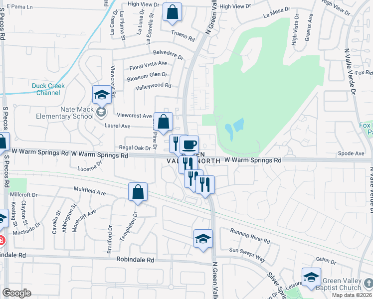 map of restaurants, bars, coffee shops, grocery stores, and more near 3230 La Mancha Way in Henderson