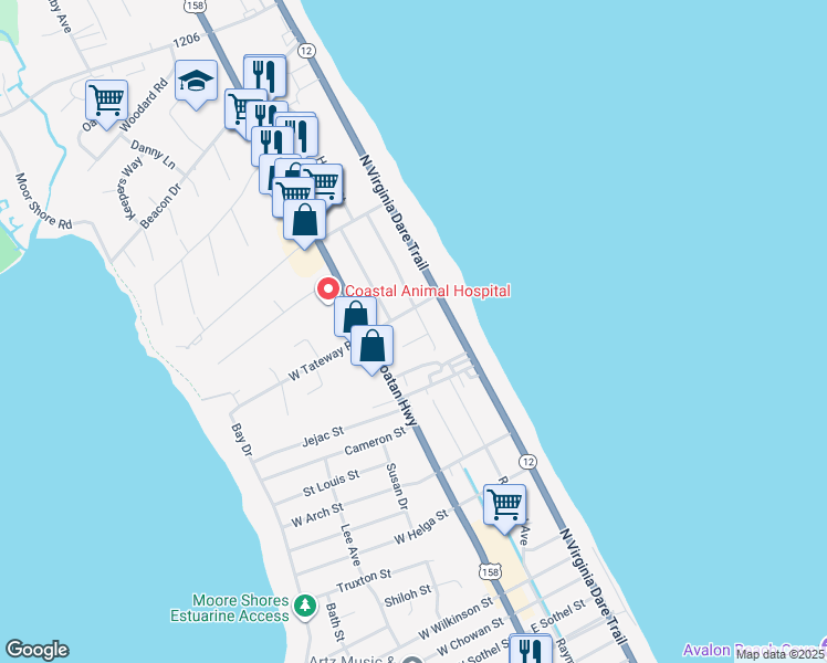 map of restaurants, bars, coffee shops, grocery stores, and more near 118 Willa Lane in Kitty Hawk