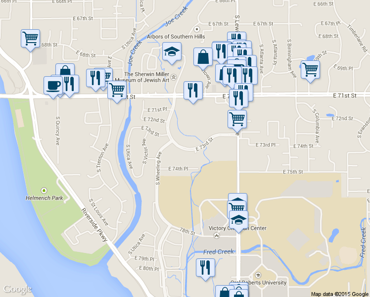 map of restaurants, bars, coffee shops, grocery stores, and more near 2002 East 73rd Street in Tulsa