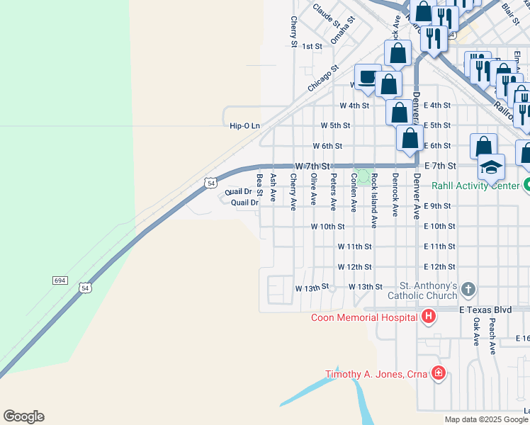 map of restaurants, bars, coffee shops, grocery stores, and more near 904 Ash Avenue in Dalhart