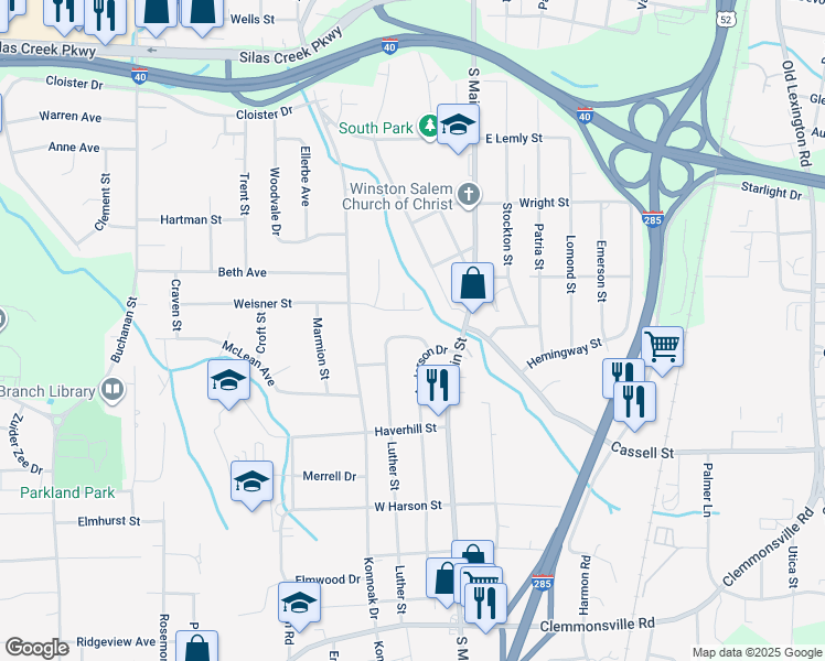 map of restaurants, bars, coffee shops, grocery stores, and more near 3024 Luther Street in Winston-Salem
