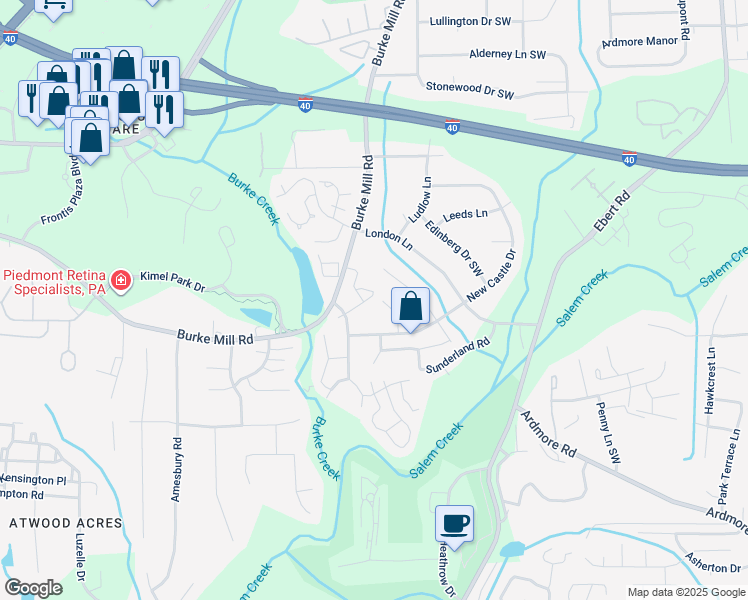 map of restaurants, bars, coffee shops, grocery stores, and more near 3147 Burke Mill Court in Winston-Salem