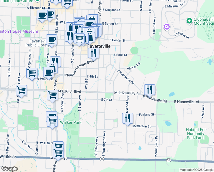 map of restaurants, bars, coffee shops, grocery stores, and more near 526 South Washington Avenue in Fayetteville