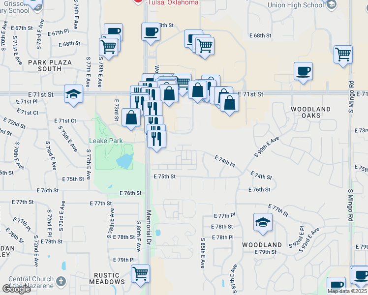 map of restaurants, bars, coffee shops, grocery stores, and more near 8401 East 74th Place in Tulsa