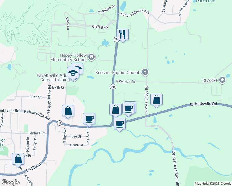 map of restaurants, bars, coffee shops, grocery stores, and more near 2524 East Turtle Creek Drive in Fayetteville