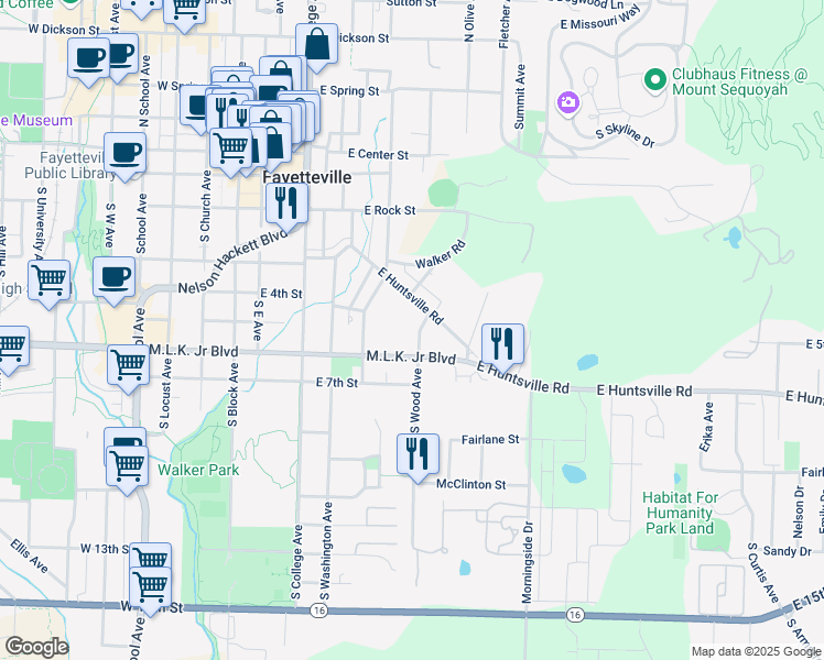 map of restaurants, bars, coffee shops, grocery stores, and more near 511 South Wood Avenue in Fayetteville