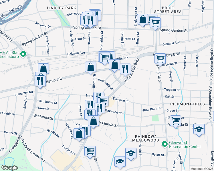 map of restaurants, bars, coffee shops, grocery stores, and more near 2605 Husbands Street in Greensboro