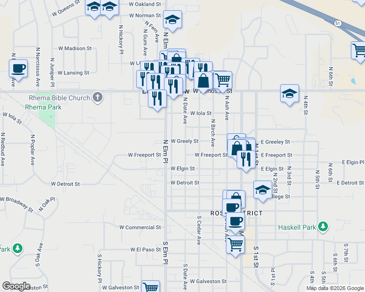 map of restaurants, bars, coffee shops, grocery stores, and more near 520 North Date Avenue in Broken Arrow