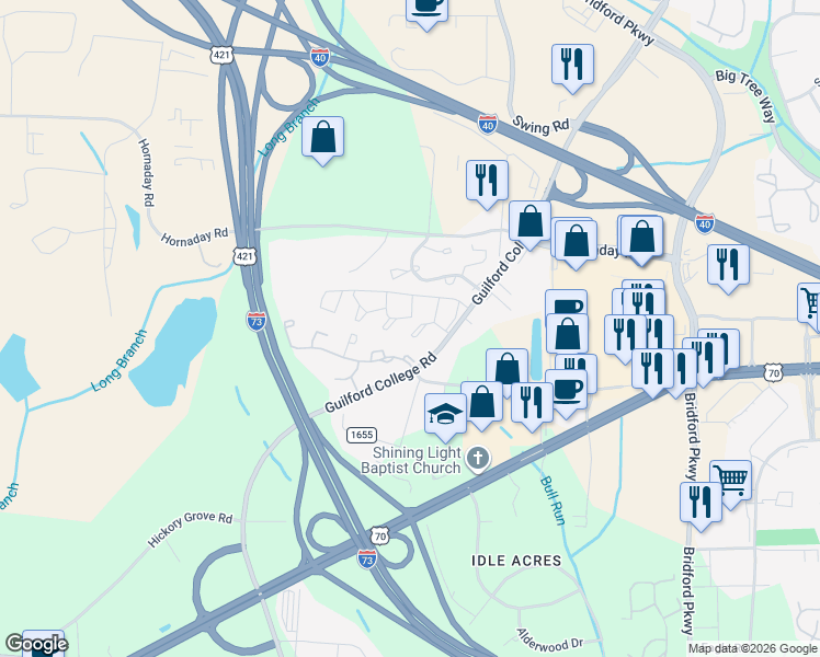 map of restaurants, bars, coffee shops, grocery stores, and more near 5725 Bramblegate Road in Greensboro