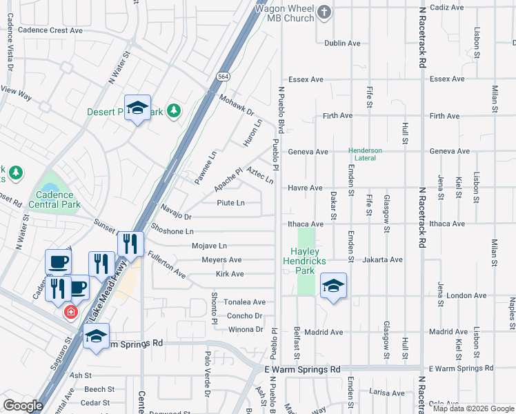 map of restaurants, bars, coffee shops, grocery stores, and more near 246 Piute Lane in Henderson