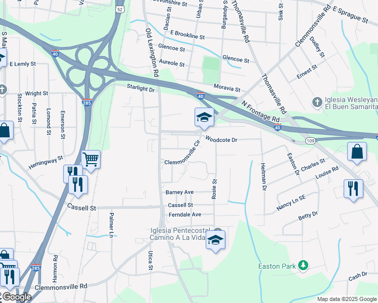map of restaurants, bars, coffee shops, grocery stores, and more near 755 Clemmonsville Circle in Winston-Salem