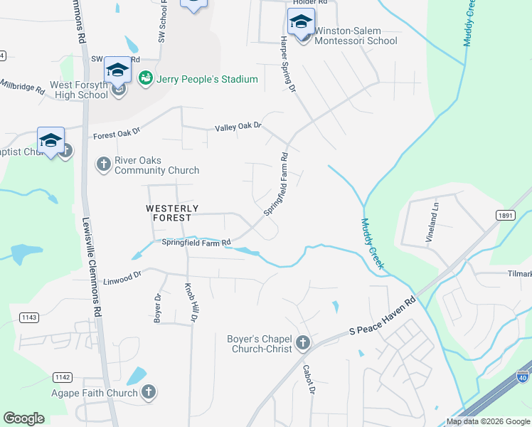 map of restaurants, bars, coffee shops, grocery stores, and more near 1600 Springfield Farm Road in Clemmons