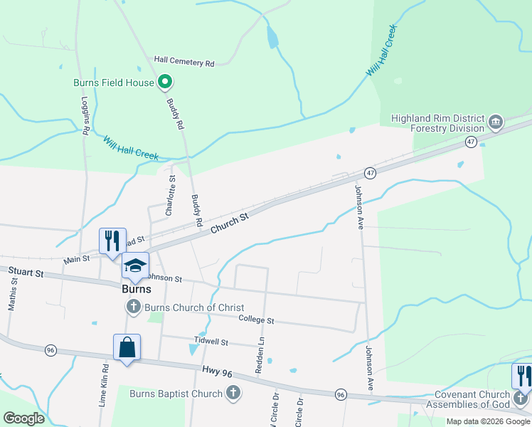 map of restaurants, bars, coffee shops, grocery stores, and more near 3328 Church Street in Burns