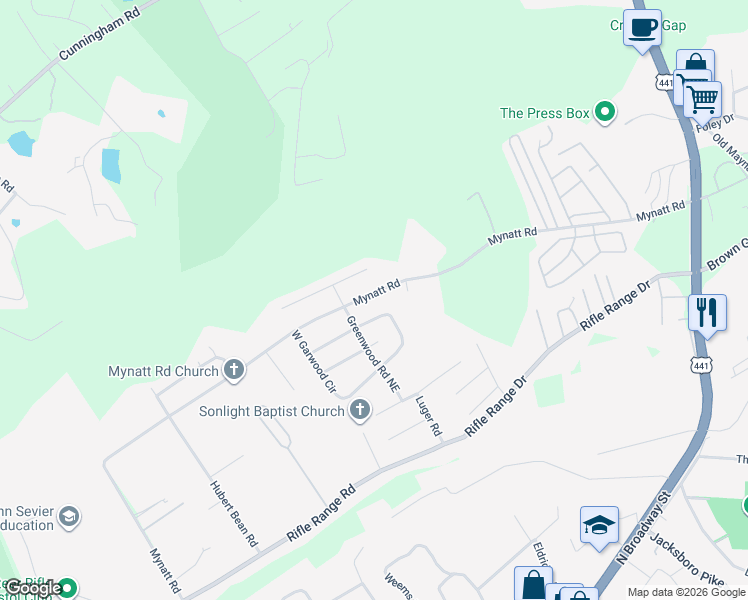 map of restaurants, bars, coffee shops, grocery stores, and more near 2924 Mynatt Road in Knoxville