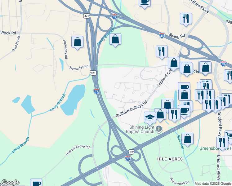 map of restaurants, bars, coffee shops, grocery stores, and more near 804 Remount Court in Greensboro