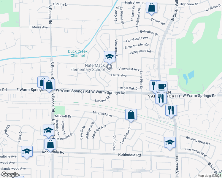 map of restaurants, bars, coffee shops, grocery stores, and more near 6 Hummingbird Lane in Henderson