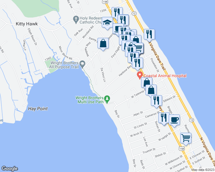 map of restaurants, bars, coffee shops, grocery stores, and more near 205 Harbour Bay Drive in Kitty Hawk