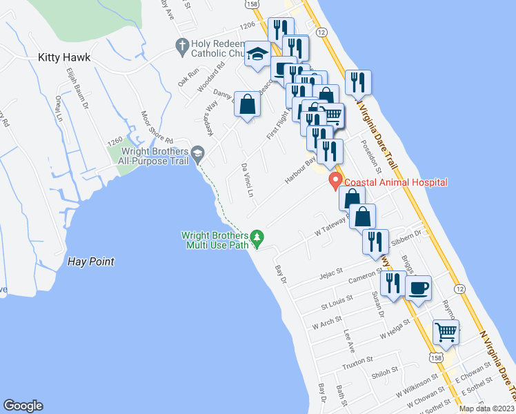 map of restaurants, bars, coffee shops, grocery stores, and more near Harbour Bay Drive in Kitty Hawk