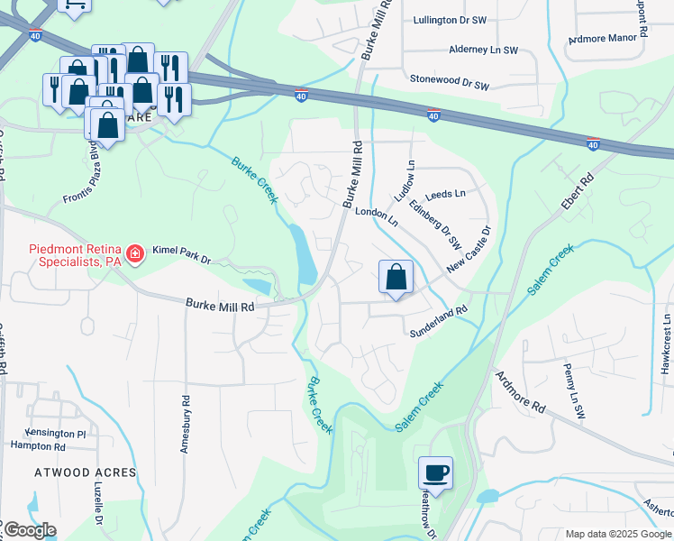 map of restaurants, bars, coffee shops, grocery stores, and more near 3142 Burke Mill Court in Winston-Salem