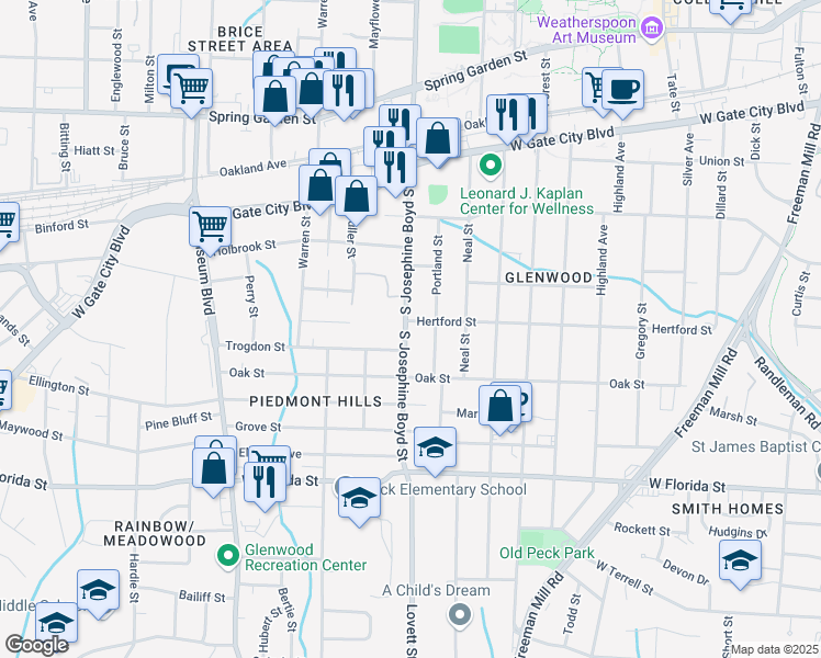 map of restaurants, bars, coffee shops, grocery stores, and more near 1037 South Josephine Boyd Street in Greensboro