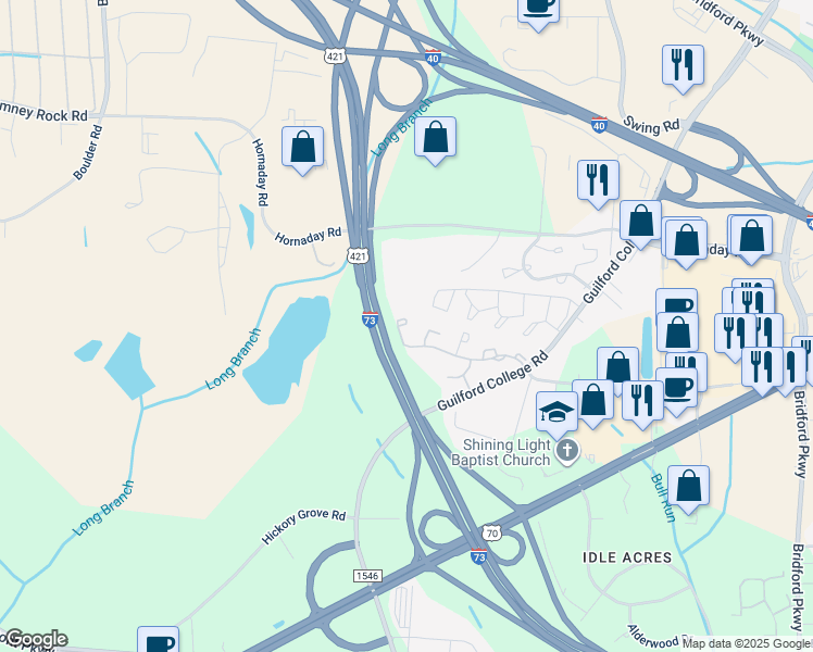 map of restaurants, bars, coffee shops, grocery stores, and more near 5806 Battery Drive in Greensboro