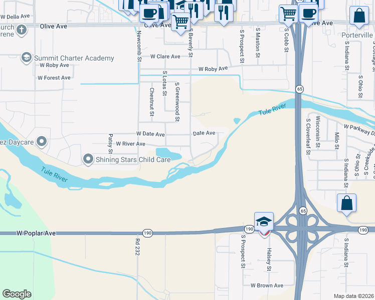 map of restaurants, bars, coffee shops, grocery stores, and more near 457 South Beverly Street in Porterville