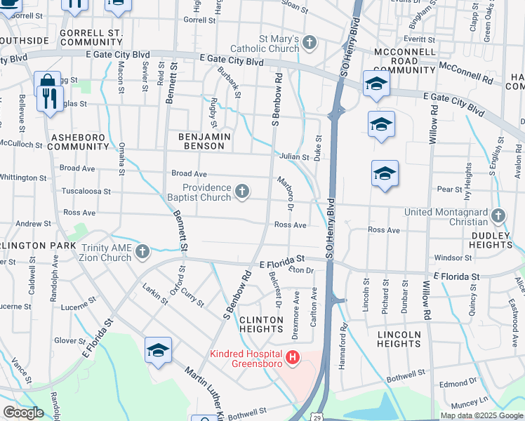 map of restaurants, bars, coffee shops, grocery stores, and more near in Greensboro