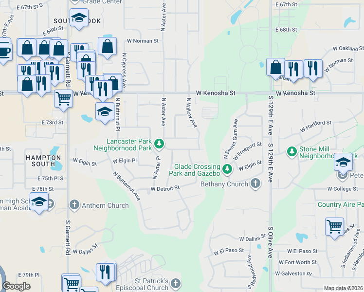 map of restaurants, bars, coffee shops, grocery stores, and more near 4216 West Freeport Street in Broken Arrow