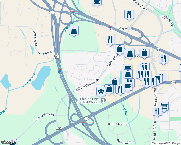 map of restaurants, bars, coffee shops, grocery stores, and more near 5725 Bramblegate Road in Greensboro
