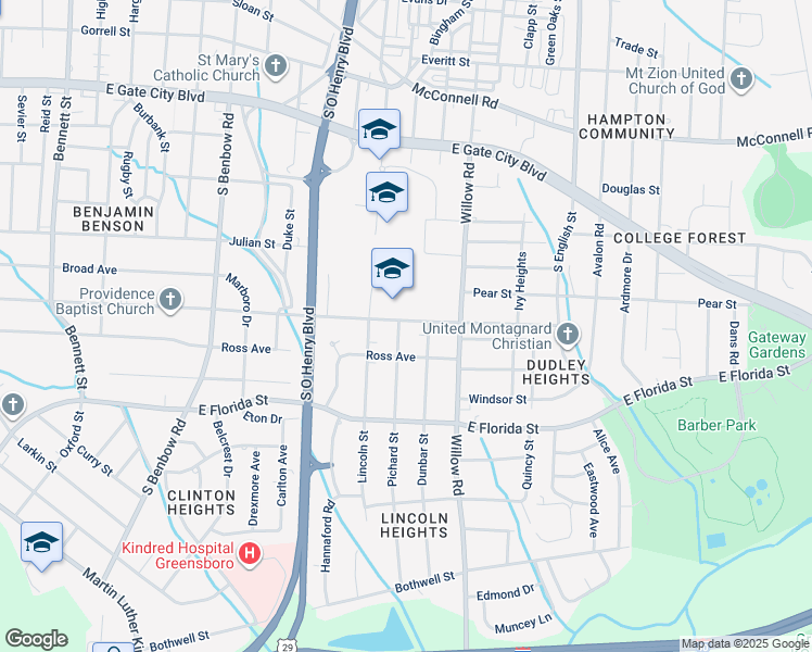map of restaurants, bars, coffee shops, grocery stores, and more near 1401 Pichard Street in Greensboro