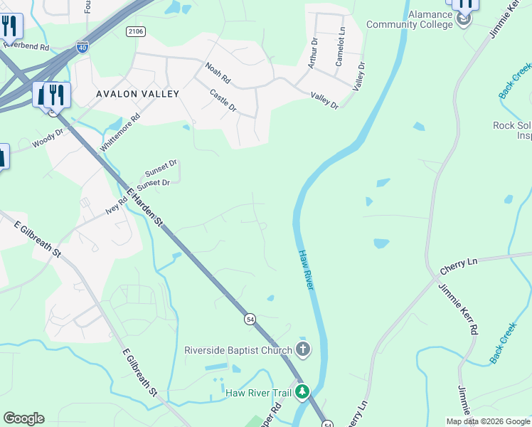 map of restaurants, bars, coffee shops, grocery stores, and more near 1413 Raspberry Run in Graham