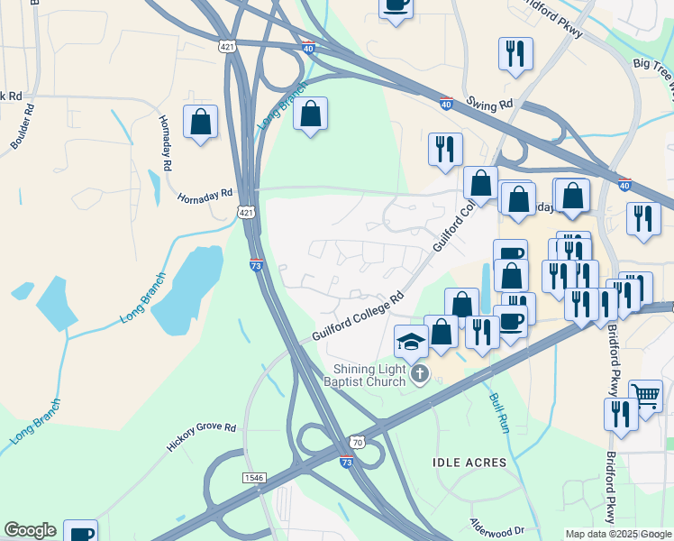 map of restaurants, bars, coffee shops, grocery stores, and more near 5733 Bramblegate Road in Greensboro