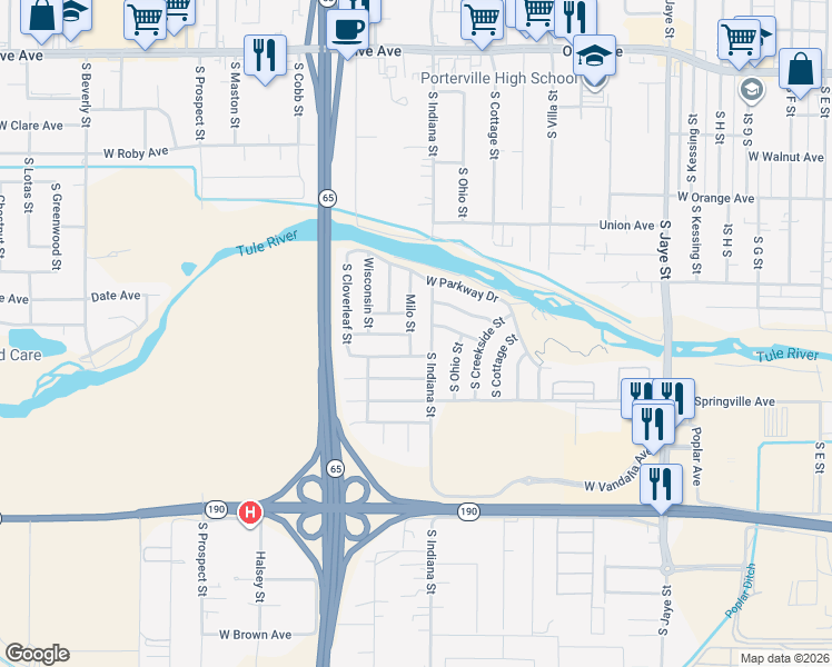 map of restaurants, bars, coffee shops, grocery stores, and more near 592 Milo Street in Porterville