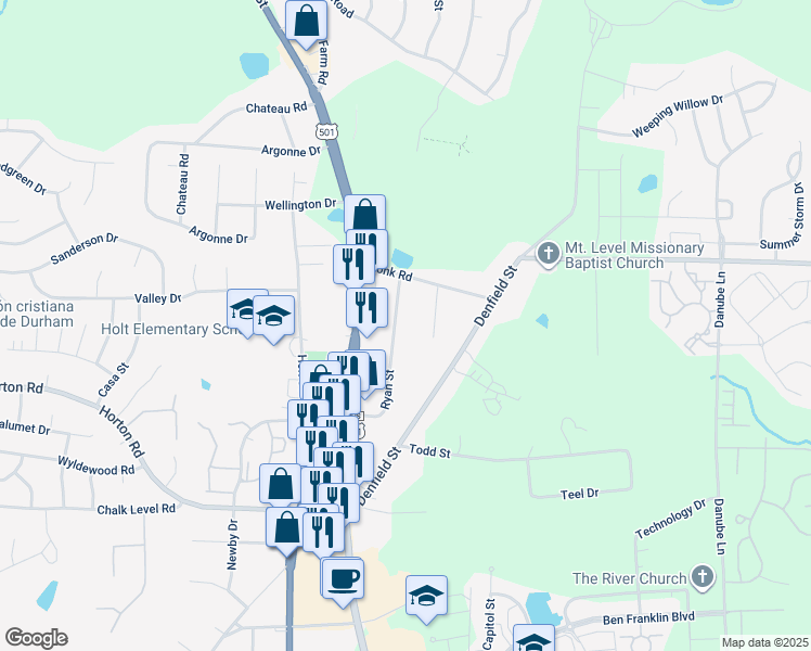 map of restaurants, bars, coffee shops, grocery stores, and more near 4506 Ryan Street in Durham