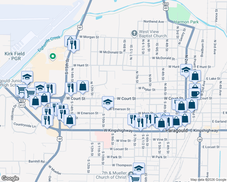 map of restaurants, bars, coffee shops, grocery stores, and more near 104 Winston Place in Paragould