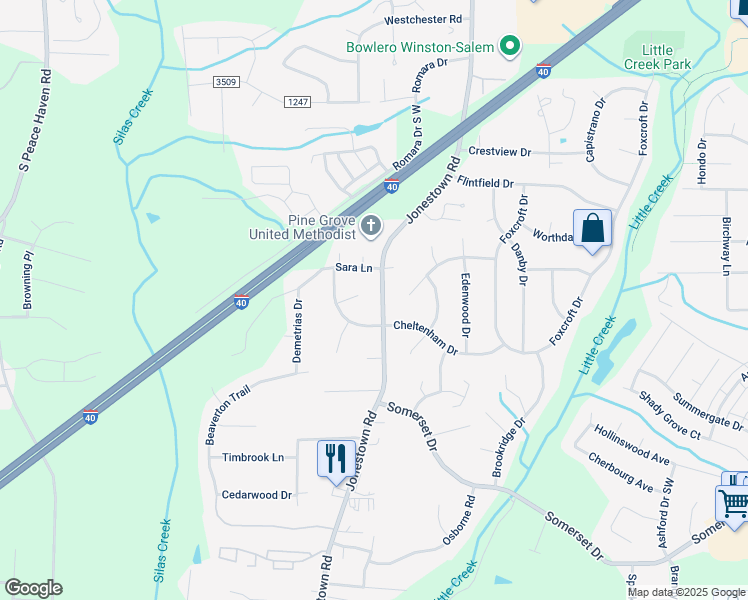 map of restaurants, bars, coffee shops, grocery stores, and more near 1170 Jonestown Road in Winston-Salem
