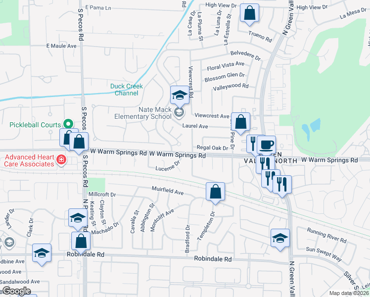 map of restaurants, bars, coffee shops, grocery stores, and more near 6 Hummingbird Lane in Henderson